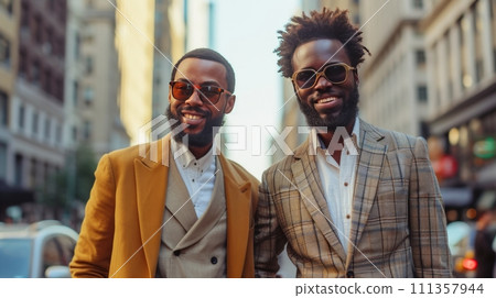 Handsome urbanites in stylish attire, confidently smiling amid city backdrops 111357944