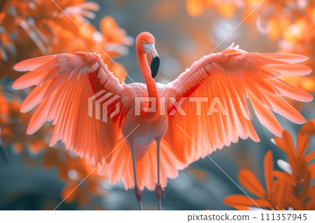 A close-up captures the intricate details of a flamingo's outstretched wings in mid-flight 111357945