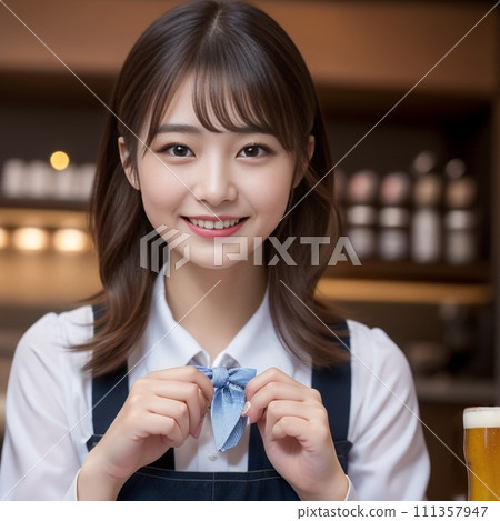 A female clerk serving customers with a smile at a restaurant (Generative AI) 111357947