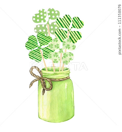 St Patrick's day decorated jar with clover sticks. Irish holiday hand drawn illustration isolated on white background. Green jar, shamrock, bow, rope. 111358076