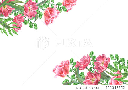 Blooming tulips. Flowers with green leaves. Spring frame with copy space for text. Watercolor illustration. For Save the date, Valentines day cards, greeting, invitation 111358252