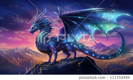 AI-generated content. A mesmerizing dragon art design, featuring a majestic dragon with iridescent scales, soaring amidst a starlit sky 111358494