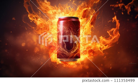 AI-generated content. A powerful portrayal of an energy drink can in the midst of a dynamic explosion, fiery energy radiating outward 111358499