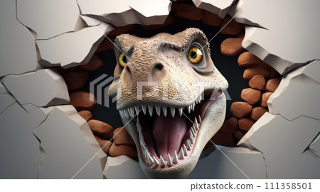 AI-generated content. Cute T-Rex 3D peeking out of a hole in wall, torn hole, empty copy space frame, mockup 111358501