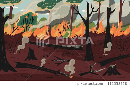 Wildfire natural disaster in forest scene with burnt trees 111358558