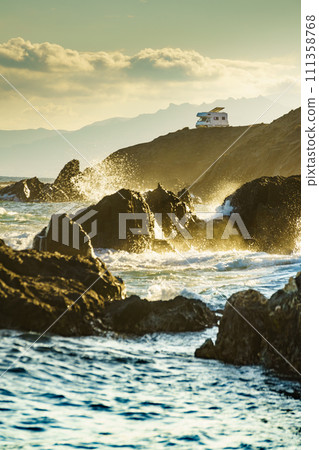 Seaside view with caravan camping on cliff Seaside view with caravan camping on cliff 111358768