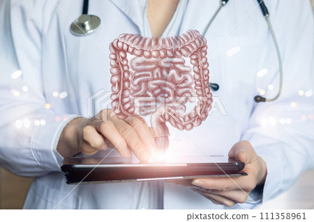 Doctor shows colon and intestines on tablet. 111358961
