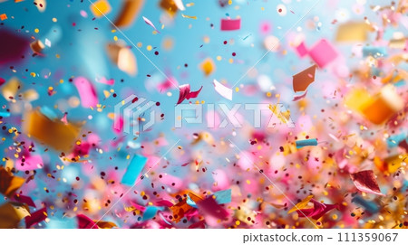 Colorful confetti adorns a bright background, evoking a sense of celebration and joy 111359067