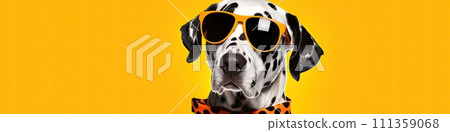 AI-generated content. Dalmatian dog portrait cute puppy wear a retro sunglass fashion collar collage as banner on the yellow background 111359068