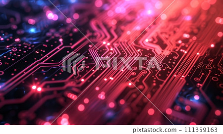 Minimalistic circuit board patterns on a bold, tech-themed background 111359163