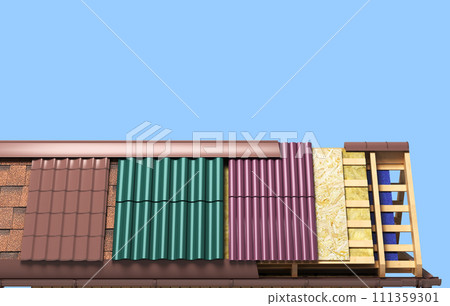 the roof of the house concept different types of roofing on a wooden frame 3d render on white 111359301