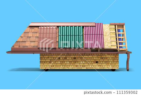 the roof of the house concept different types of roofing on a wooden frame 3d render on white 111359302