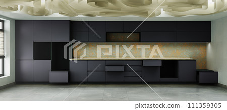 empty facade of a modern darck kitchen 3d render image 111359305