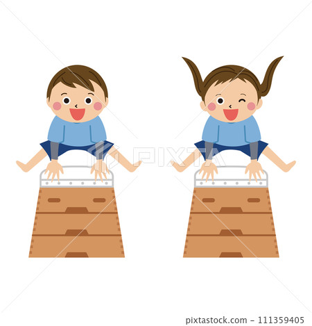 Pop kids, gymnastics class lessons, boys and girls jumping on vaulting boxes Pop kids, gymnastics class lessons, boys and girls jumping on vaulting boxes 111359405