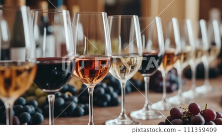 A wine-tasting event, showcasing a flight of wines with tasting notes and grape varieties 111359409