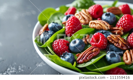 An exquisite spinach and berry salad adorned with blueberries, raspberries, and candied pecans 111359416