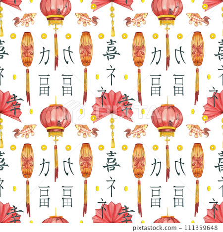 Seamless pattern on the theme of Chinese New Year 2024. Paper lanterns, fans and carps, hieroglyphs hand-drawn in watercolor on a white background. For printing on fabric, paper, decoration. Seamless pattern on the theme of Chinese New Year 2024. Paper lanterns, fans and carps, hieroglyphs hand-drawn in watercolor on a white background. For printing on fabric, paper, decoration. 111359648