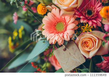 Handcrafted spring bouquet with a personalized tag. Generative AI Handcrafted spring bouquet with a personalized tag. Generative AI 111359649