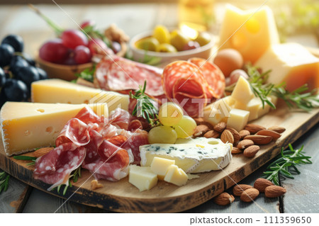 Assorted cheeses, meats, fresh fruits, nuts and appetizers beautifully arranged on a wooden board. Generative AI 111359650