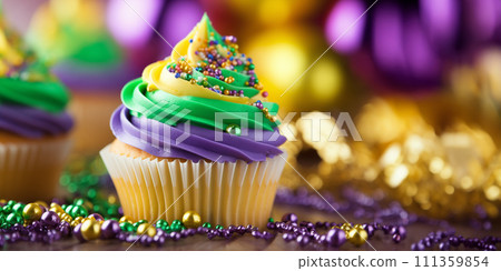AI-generated content. Mardi gras concept - colorful cupcakes with decorations, copy space 111359854