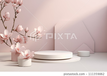 AI-generated content. Spring minimalistic product display scene, podiums, magnolia blossom 111359862