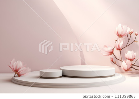 AI-generated content. Spring minimalistic product display scene, podiums, magnolia blossom 111359863