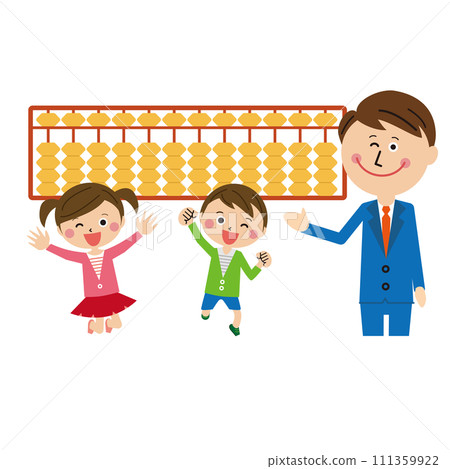 流行兒童珠算課男孩和女孩老師 流行兒童珠算課男孩和女孩老師 111359922