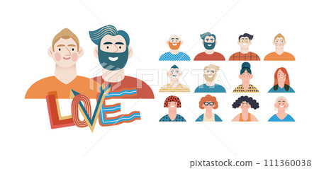 Valentine: Spectrum of Love - modern flat vector concept illustration of a vibrant array of individual portraits celebrating love's diverse expressions. Metaphor for the universal language of love 111360038