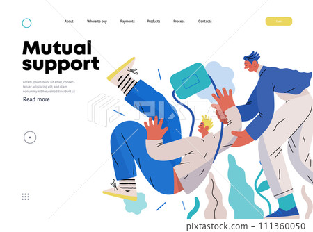 Mutual Support, Assisting Falling Person- modern flat vector concept illustration of man slipping, another supports him, preventing fall. Metaphor of voluntary, collaborative exchange of service 111360050