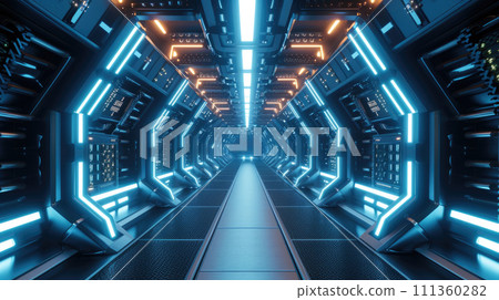 Corridor in futuristic spaceship, interior of starship or space station. Inside long room of spacecraft with led light, computer terminals, control panels. Concept of technology, sci-fi. 111360282
