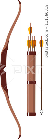 Traditional Hunting Wooden Bow and Quiver with Arrows Isolated Icon in Flat Style. Vector Illustration. 111360318