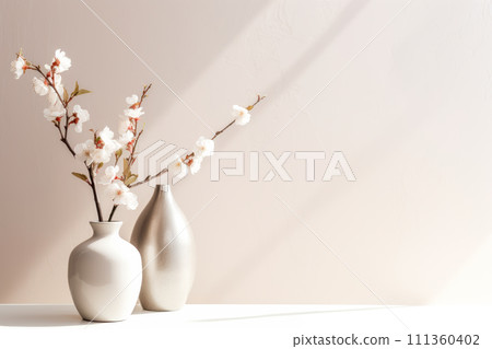 Sakura flowers in vase on white table and light wall background 111360402