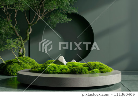 Cylinder podium for product demonstration on green background with nature elements like moss and trees 111360409