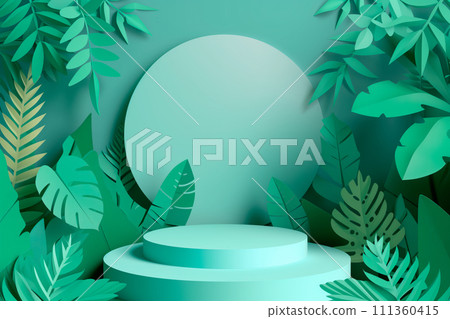 Cylinder podium for product demonstration on green background with nature elements like leaves, plants and flowers 111360415