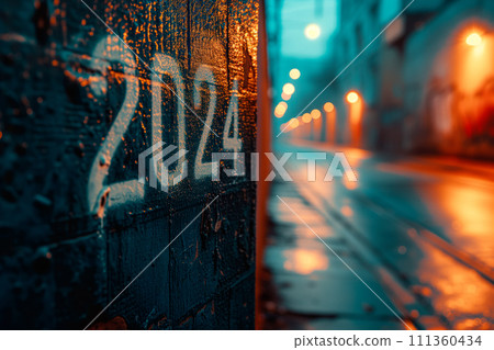 Spray painted graffiti tag of the word 2024 on a brick wall on city street, creating a blurred effect Spray painted graffiti tag of the word 2024 on a brick wall on city street, creating a blurred effect 111360434