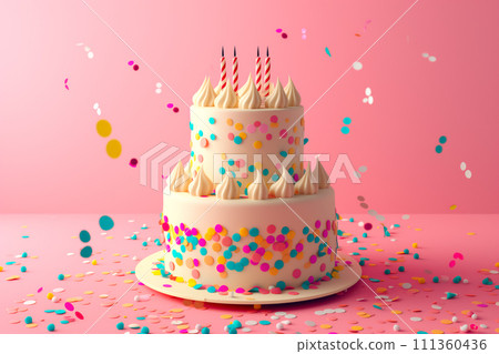 A delicious birthday cake covered in white frosting and multicolored sprinkles A delicious birthday cake covered in white frosting and multicolored sprinkles 111360436