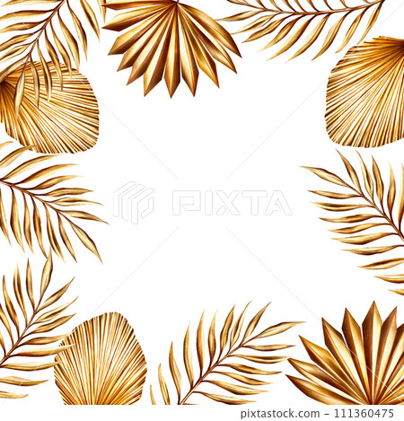Watercolor frame, template with golden pampas grass, date palm branch illustration isolated on white background. Botanical and wedding and Ramadan Kareem or Eid Al Adha 2024 hand drawn decor. For 111360475