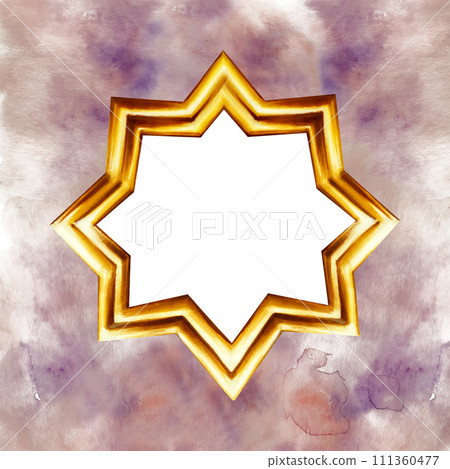 Watercolor Moroccan arabian star illustration with abstract blue splash isolated background. Muslim golden hand drawn night, clouds texture frame for holiday Ramadan Kareem or Eid Al Adha 2024. For 111360477