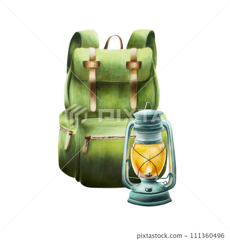 Watercolor oil kerosene lantern and camping backpack isolated illlustration. Mountin equipment for recreation tourism and adverture on white background. Clip art for autumn and winter decor, design. 111360496