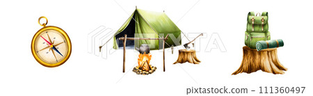 Watercolor set of isolated illlustrations with camping backpack, rolled up blanket and sleeping bag, gold vintage marine compass, camping axe in wooden stump, campfire with big black kettle and tent. 111360497