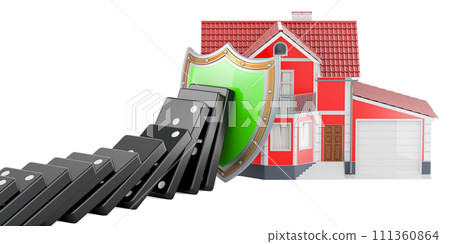 House security and protection concept, Shield stopped domino effect. 3D rendering 111360864