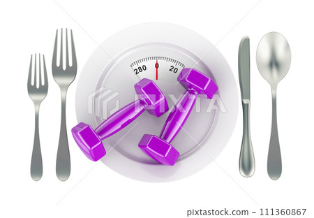 Fitness dumbbells on the plate with weight scale. 3D rendering 111360867