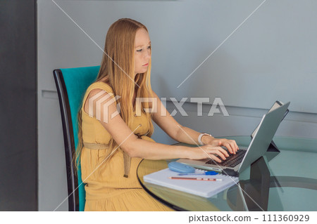 Beautiful pregnant woman working on laptop. Young businesswoman working in her office 111360929