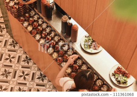 Top view of small Korean dishes in a restaurant 111361068