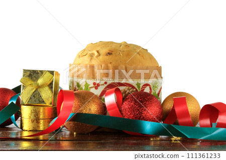 Panettone, Decorative Food, On Wooden Table, White Background Panettone, Decorative Food, On Wooden Table, White Background 111361233