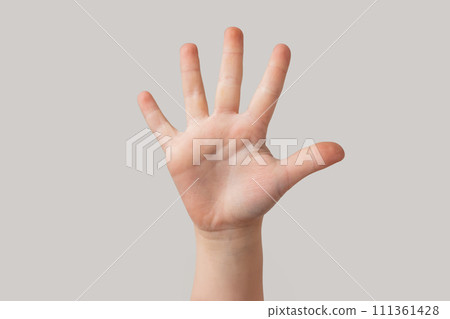 Child hand showing five fingers isolated on grey background, close-up 111361428