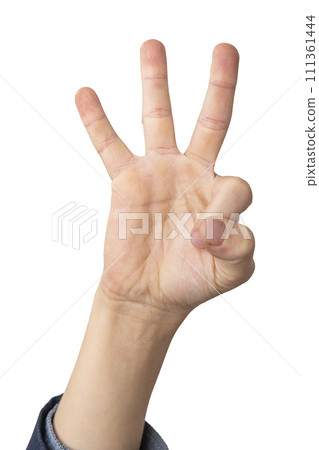 Male hand showing the number three or ok sign isolated on white background 111361444