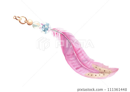 Watercolor composition from pale pink feather and glass beads isolated on white background, hand drawn illustration. Design element for decoration, dream catcher, cards and textile prints. Watercolor composition from pale pink feather and glass beads isolated on white background, hand drawn illustration. Design element for decoration, dream catcher, cards and textile prints. 111361448