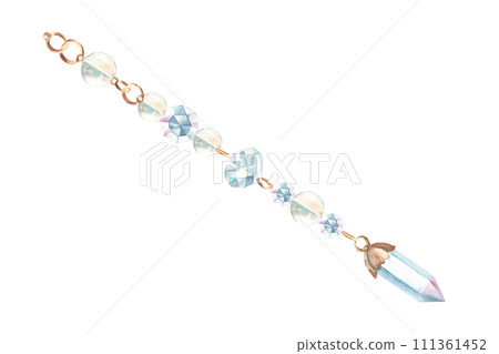 Jewelry thread or string with crystals, beads, gold rings and quartz crystal isolated on white background. Hand drawn watercolor illustration. Design element for decoration, dream catcher, cards and Jewelry thread or string with crystals, beads, gold rings and quartz crystal isolated on white background. Hand drawn watercolor illustration. Design element for decoration, dream catcher, cards and 111361452