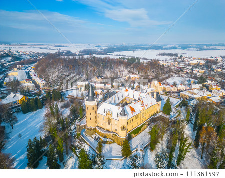 Zleby Castle in sunny winter day. Czechia. Aerial view from drone. 111361597